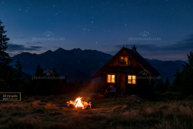 Couple kissing beside a campfire under stars near a cabin