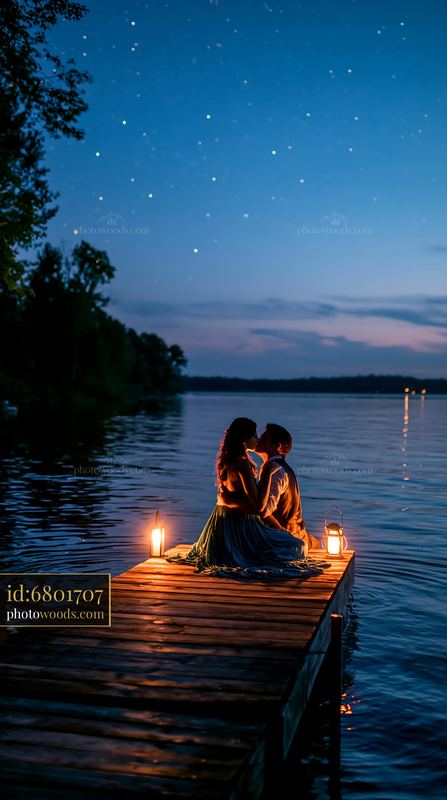 Couple kissing on a dock under stars at night