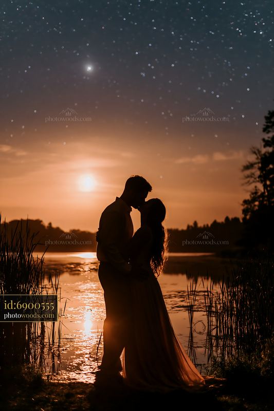 Couple kissing under stars beside a lake at sunset
