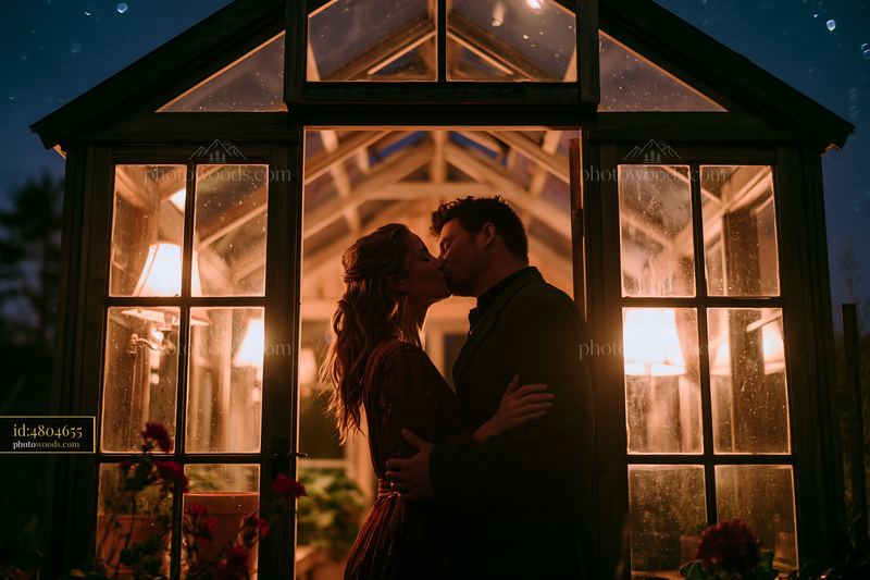 Couple kissing under stars during a romantic date in a greenhouse