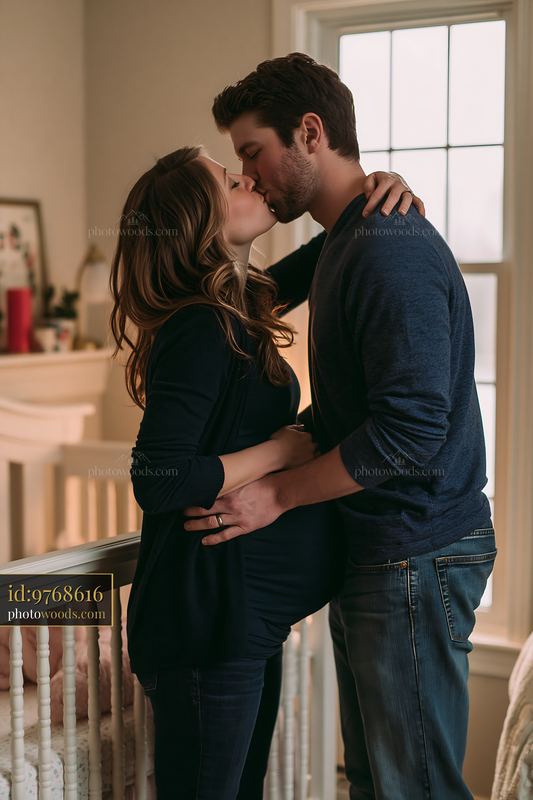 Couple sharing romantic kiss near crib in home setting