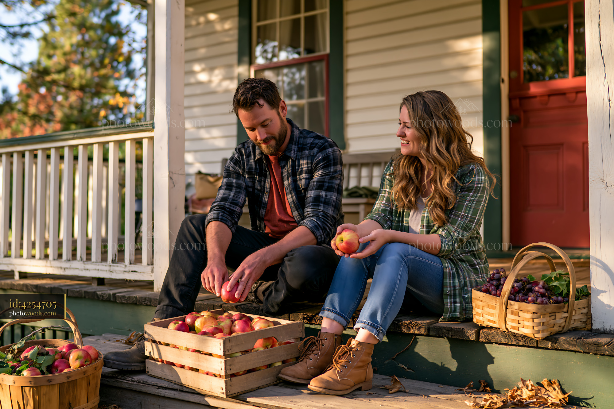 A couple on cottage porch sorts apples and chats while surrounded by baskets of fresh produce.