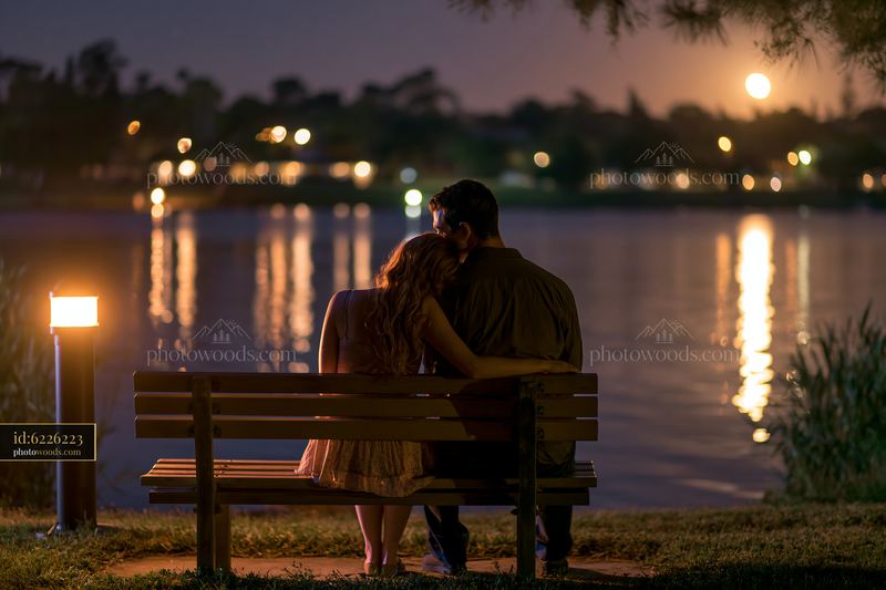 Couple sharing a moment beside a lake at night