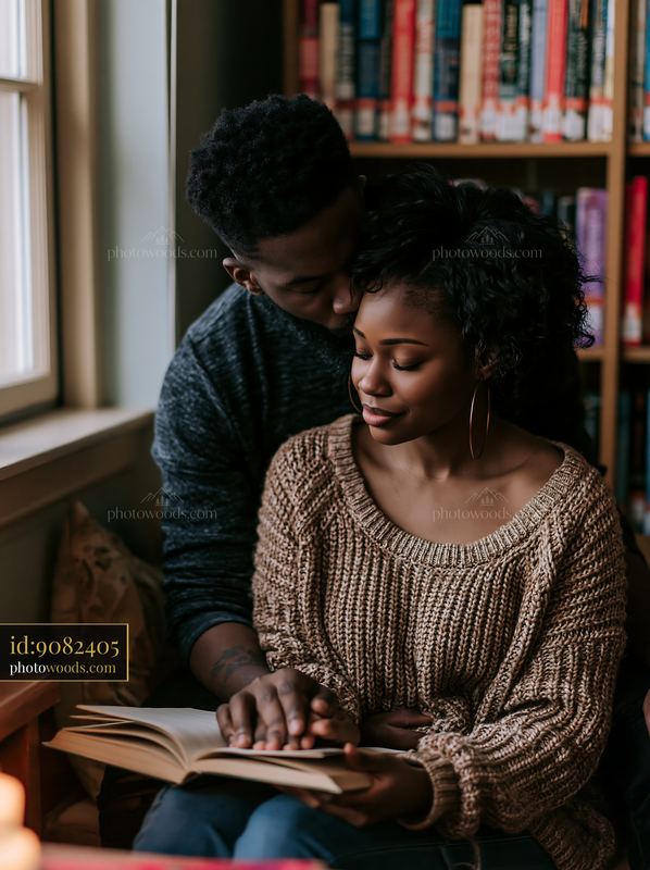 Kiss on forehead between partners in cozy library setting