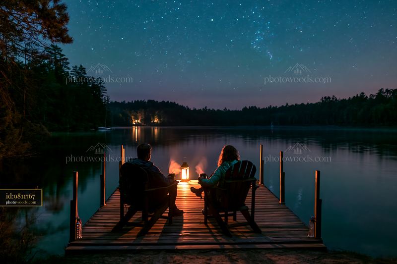Couple sharing hot drinks under stars on a lakeside dock