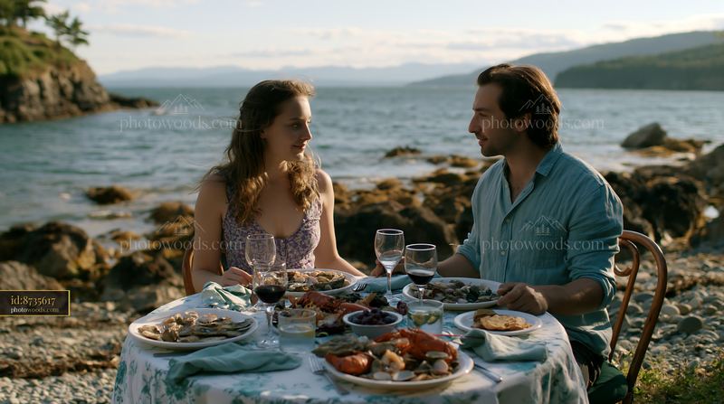 Couple enjoying a beach picnic buffet with seafood and wine
