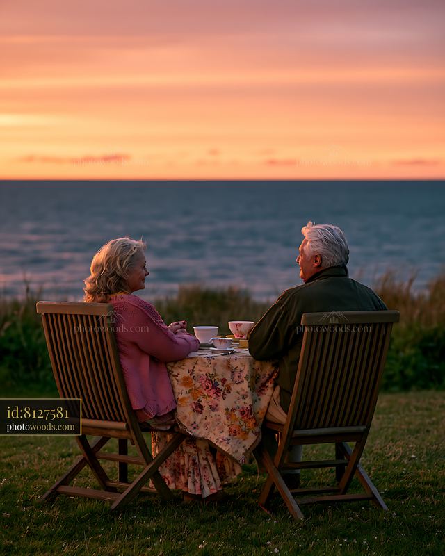 Couple enjoying tea at sunset by the sea
