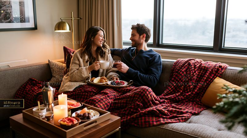 Couple sipping drinks on a cozy, festive sofa