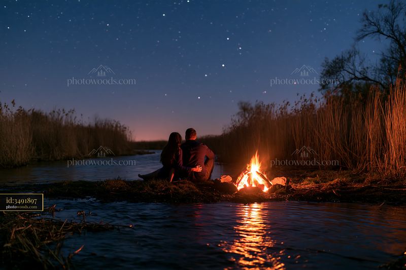 Couple enjoying time by a campfire under a starry night sky