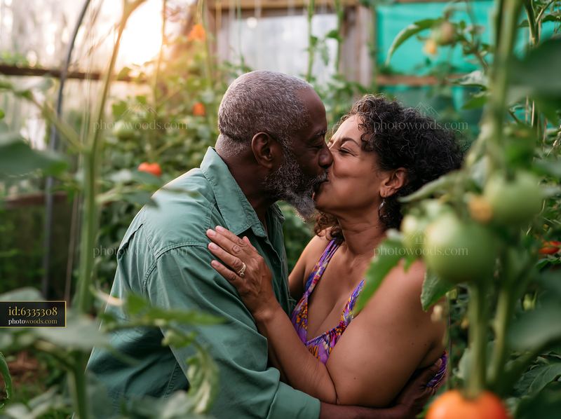 Couple sharing a kiss in a greenhouse filled with plants