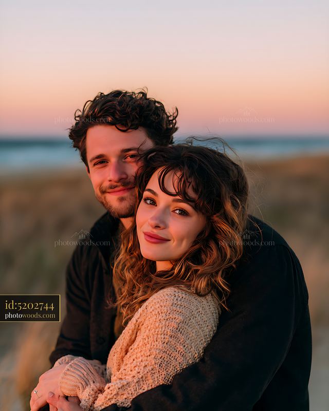 Couple enjoying a sunset at the beach while embracing each other