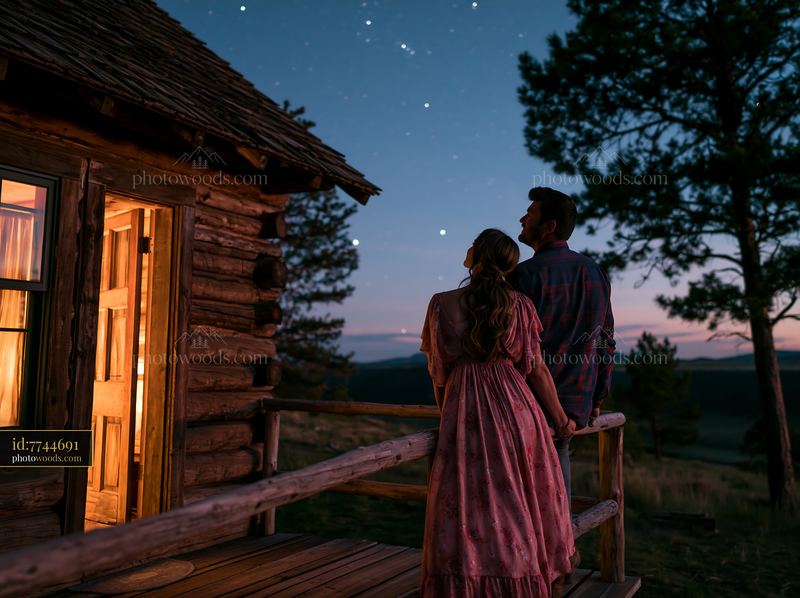 Couple beside a mountain cabin under stars at dusk