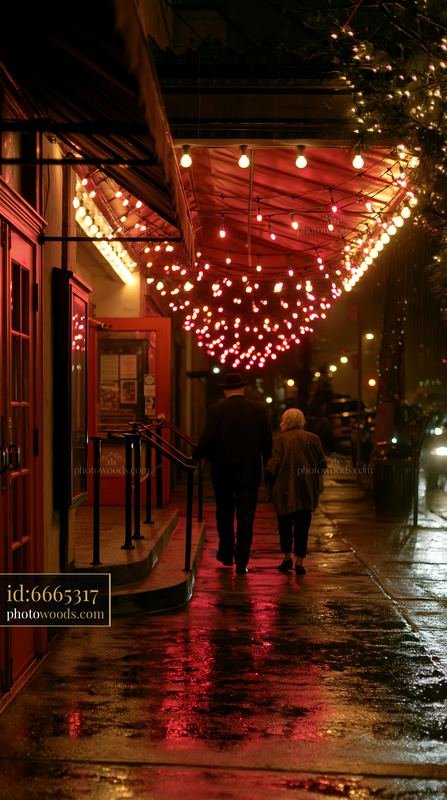 Couple walking under Christmas lights on wet pavement in city