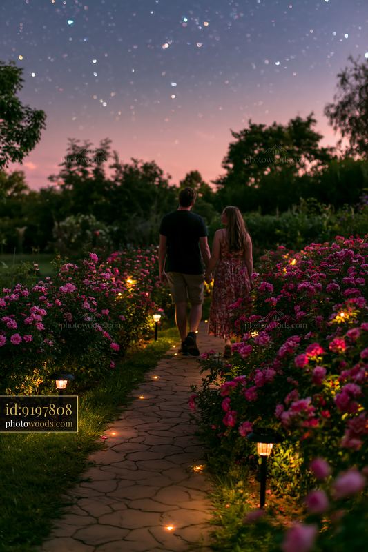 Couple beside illuminated rose bushes under starry sky