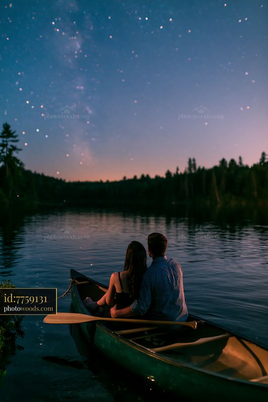 Couple enjoys stargazing from a canoe on a calm lake