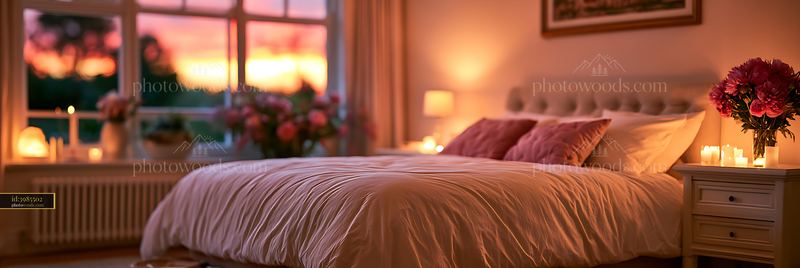 Cozy bedroom with warm lighting and sunset view