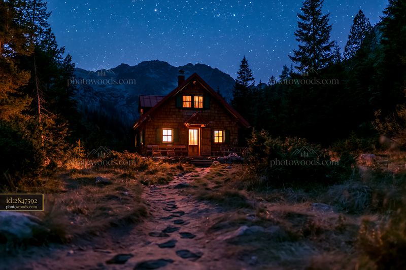 Cottage nestled in nature under a starlit sky