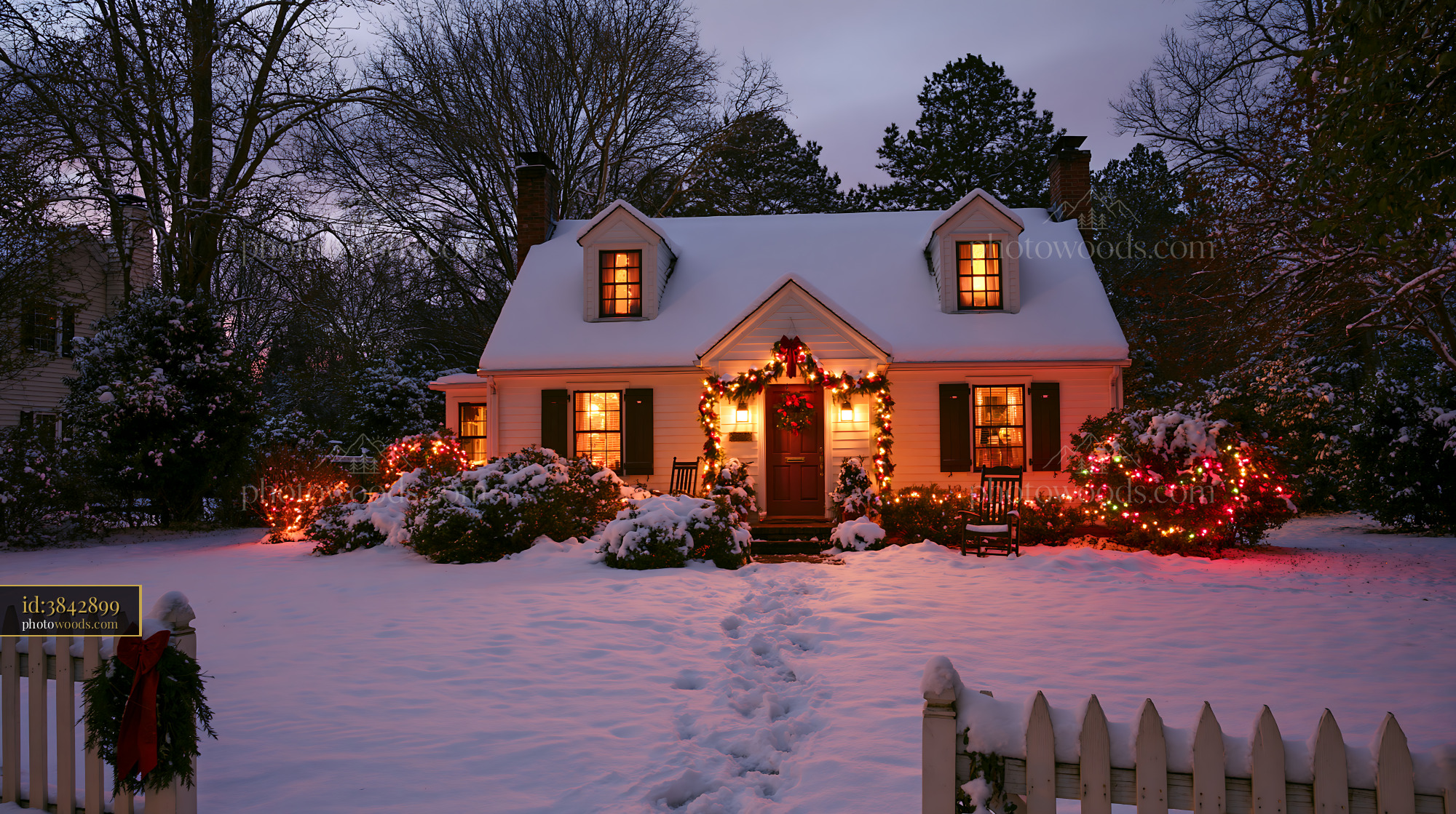 A cozy country cottage with Christmas decorations is covered in snow under a darkening sky.