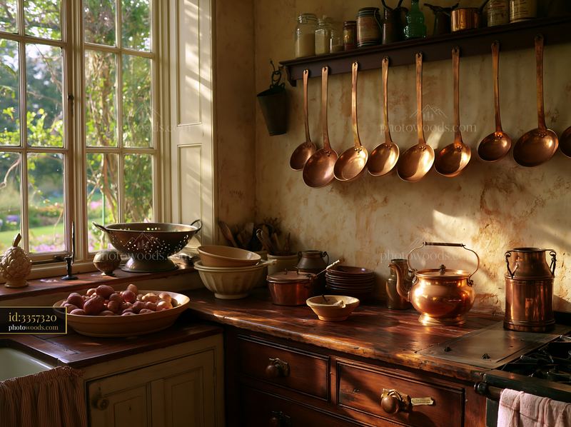 Farmhouse kitchen with copper cookware in warm natural light