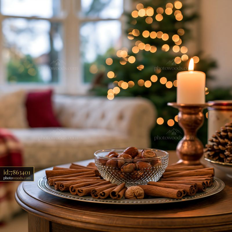 Christmas living room with cinnamon sticks and festive decor