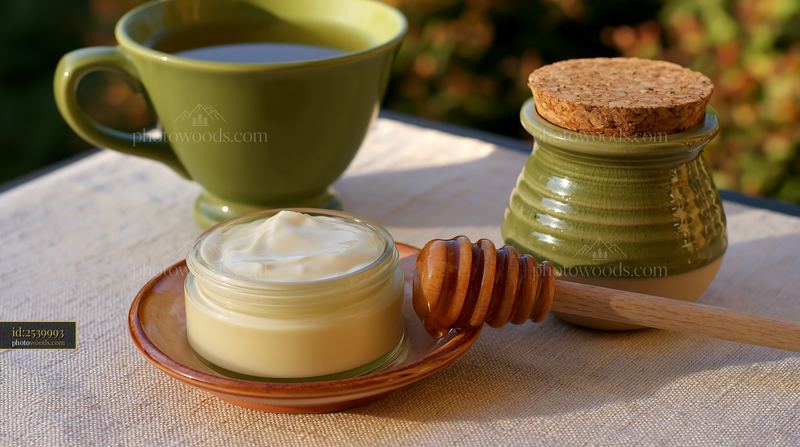 Cream dose beside honey dipper on table with cup and jar