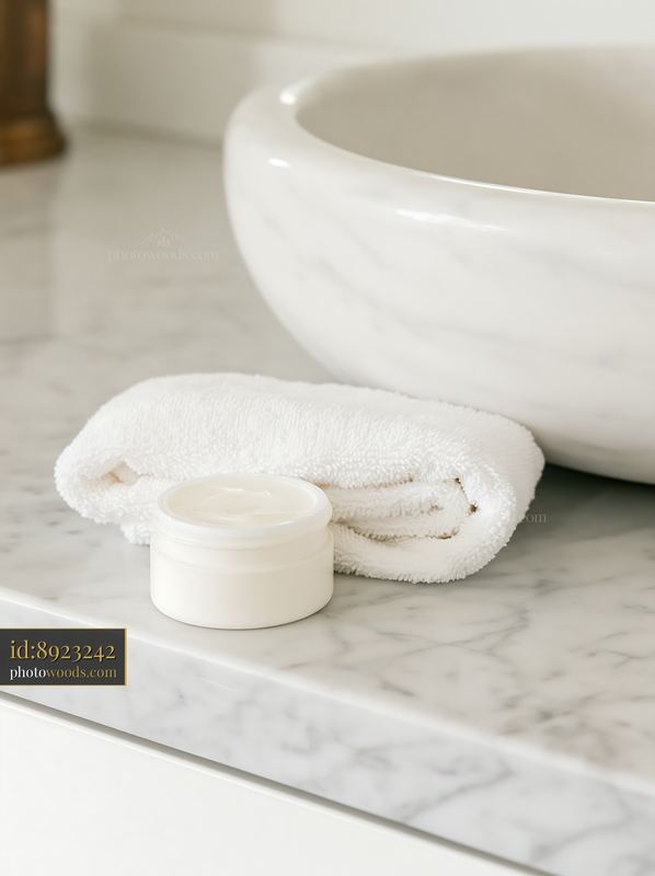 Cream dose placed on marble countertop next to a white towel