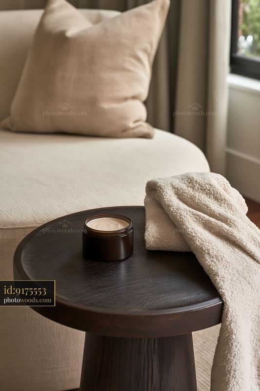 Cream dose beside a folded robe on a wooden side table