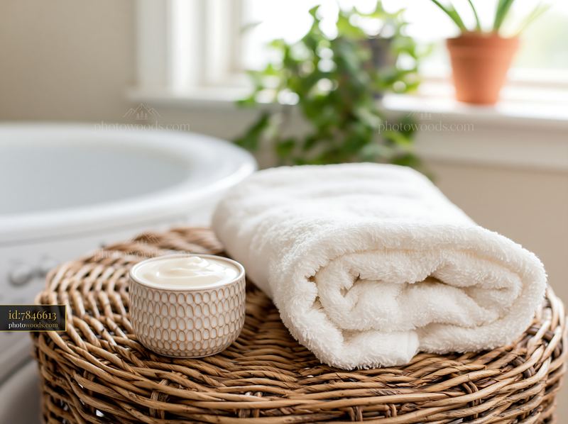 Cream dose beside folded white towel on a wicker table