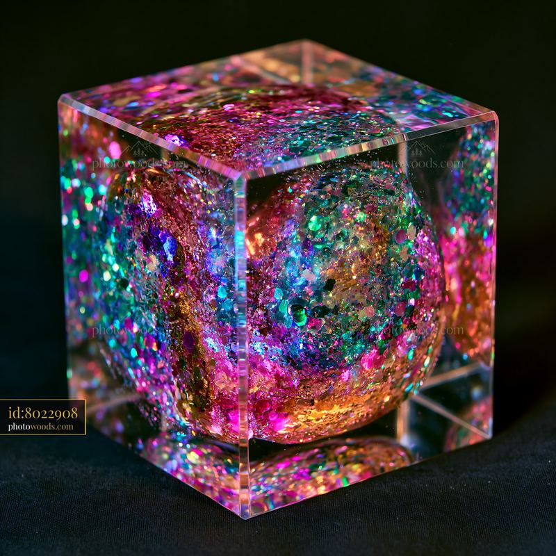 Multicolor glitter swirl captured in crystal cube