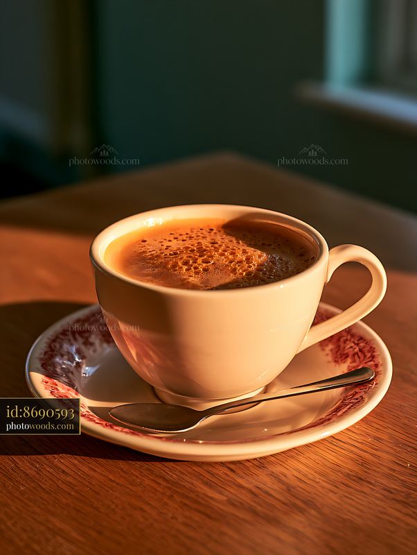 Warm coffee cup on a wooden table in morning light