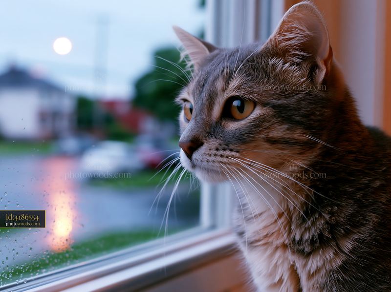 Curious Australian Mist cat looking out a rainy window