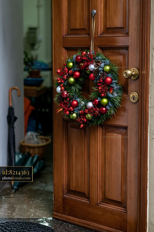 Christmas wreath on apartment door with umbrella in entryway