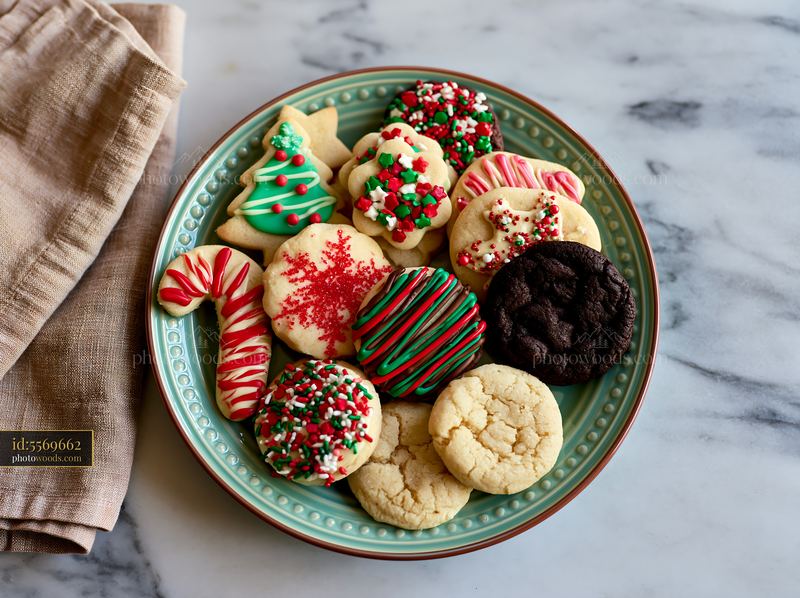 Marble kitchen countertop with Christmas cookies on decorative plate