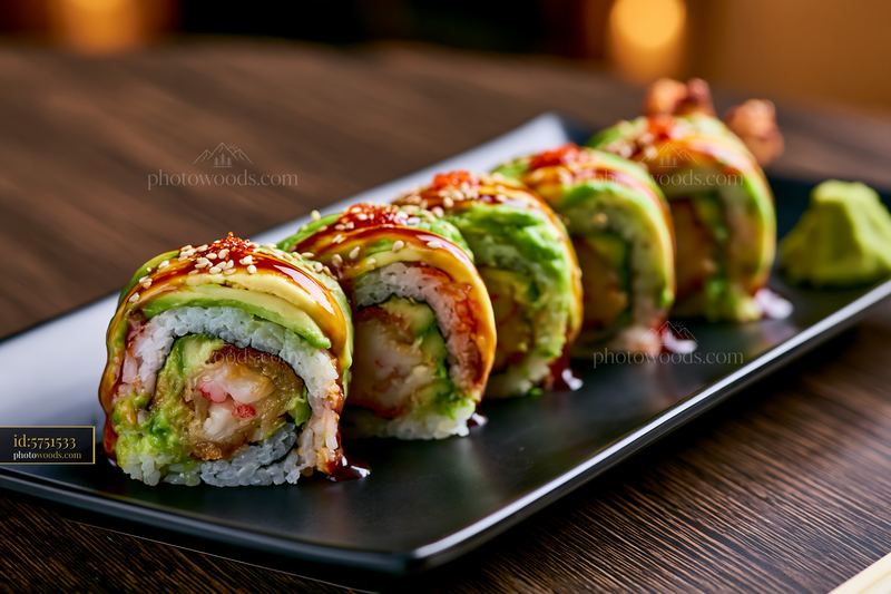 Dragon roll close-up on a black plate in a restaurant setting