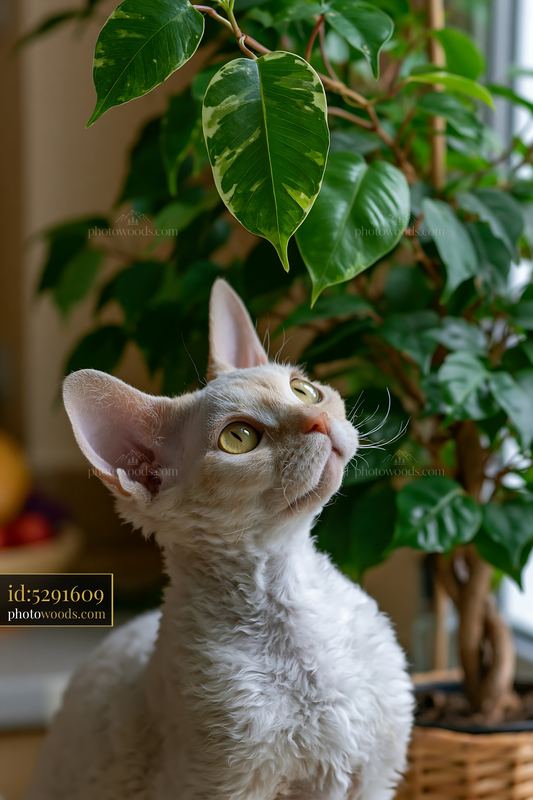 Devon Rex cat with large ears looking at a plant