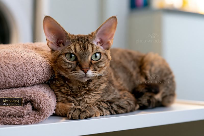 Devon Rex cat with large ears rests near soft towels