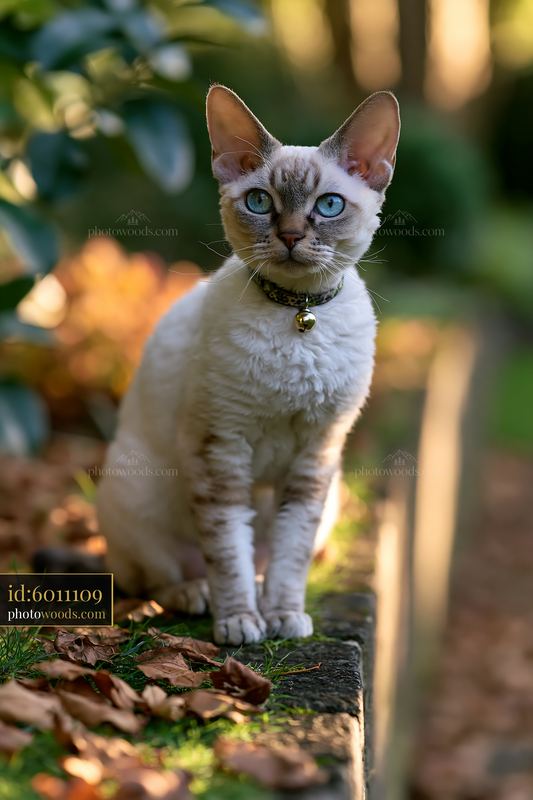 Devon Rex cat with large ears sitting on a garden edge