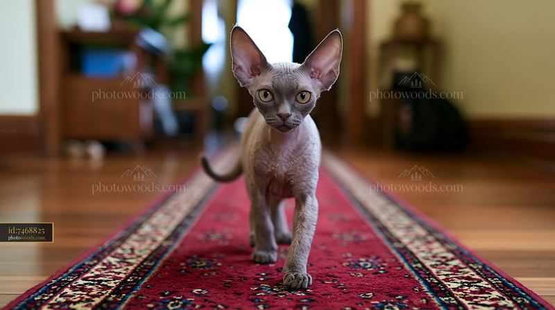 Devon Rex cat with large ears walks on a red carpet in a hallway