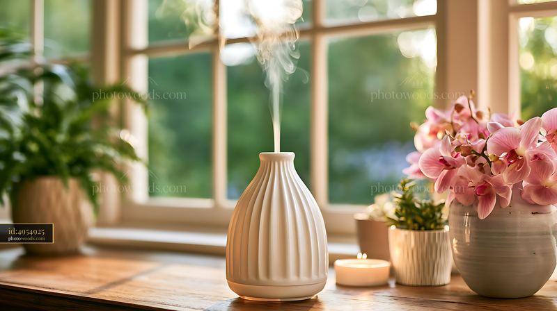 Home interior with a diffuser, plants, and flowers on a wooden table