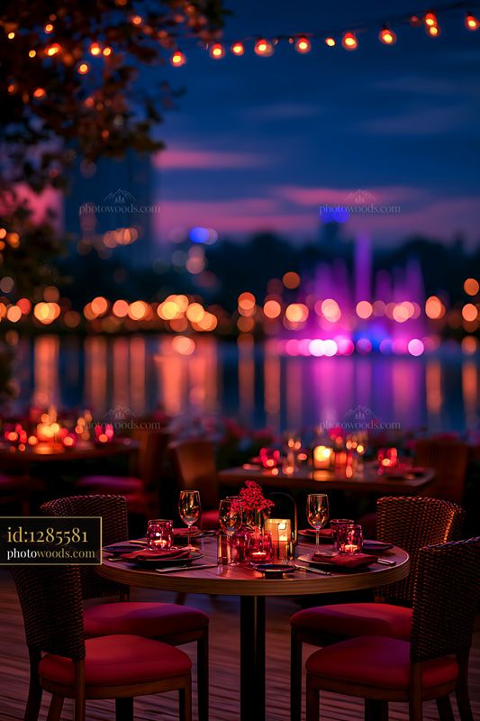 Outdoor dining setup at night with lights and water view