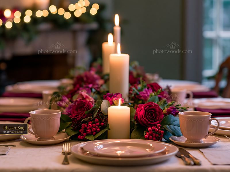 Christmas centerpiece with candles and flowers on dining table