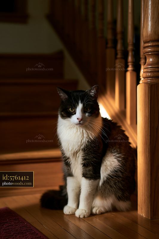 Dwelf cat portrait sitting on wooden stairs in a home setting