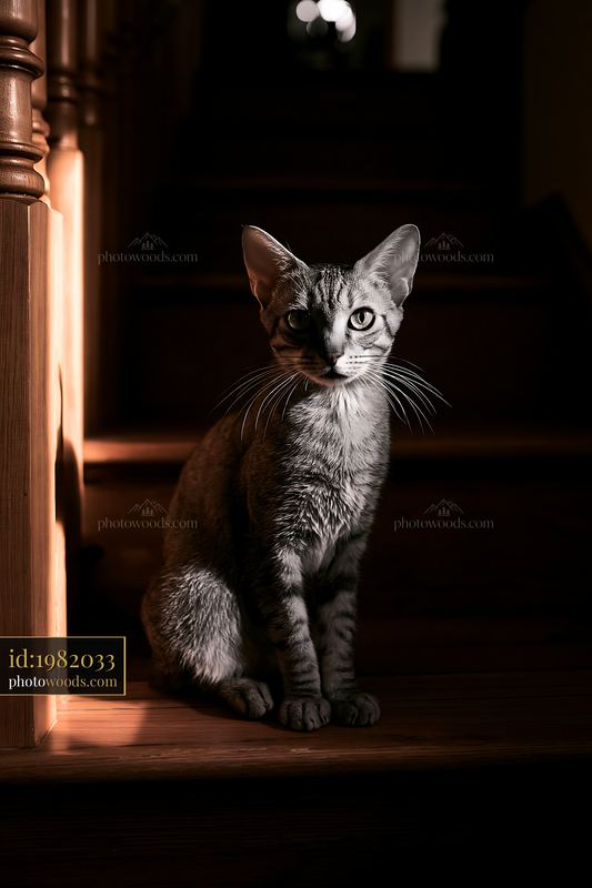 Dwelf cat portrait sitting on wooden stairs in soft light