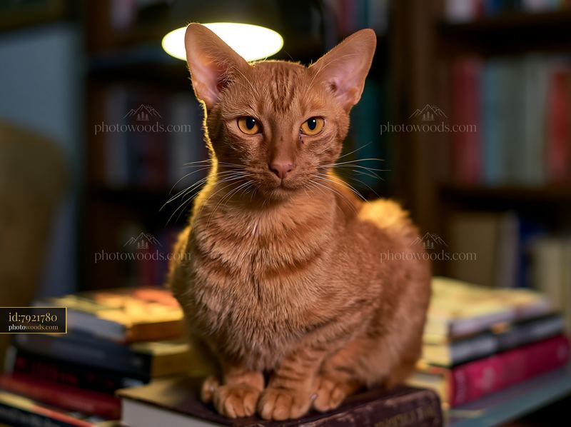 Dwelf cat portrait sitting on books in a cozy indoor setting