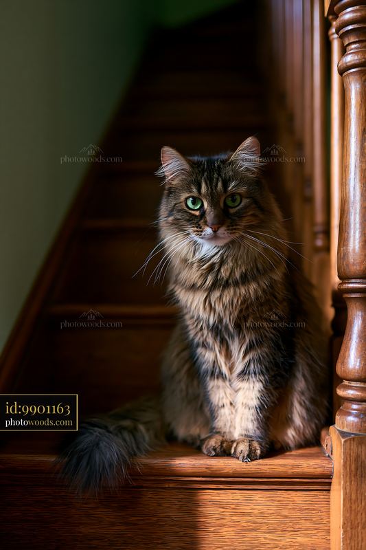 Portrait of a Dwelf cat resting on wooden stairs