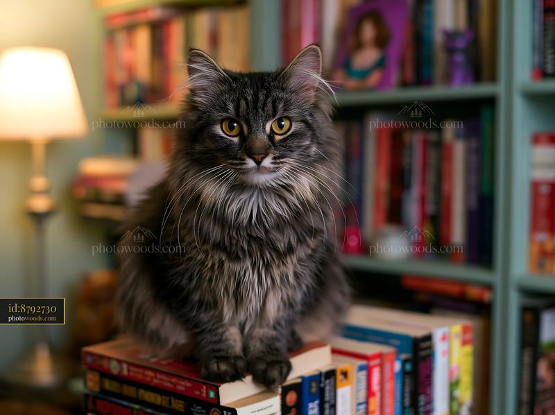 Dwelf cat portrait with books in a cozy library setting