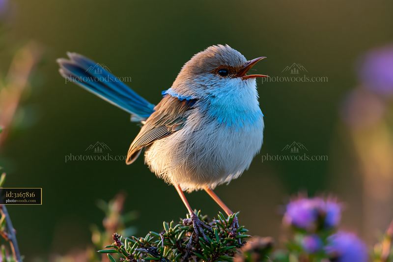 Fairy wren singing in native shrubland during golden hour