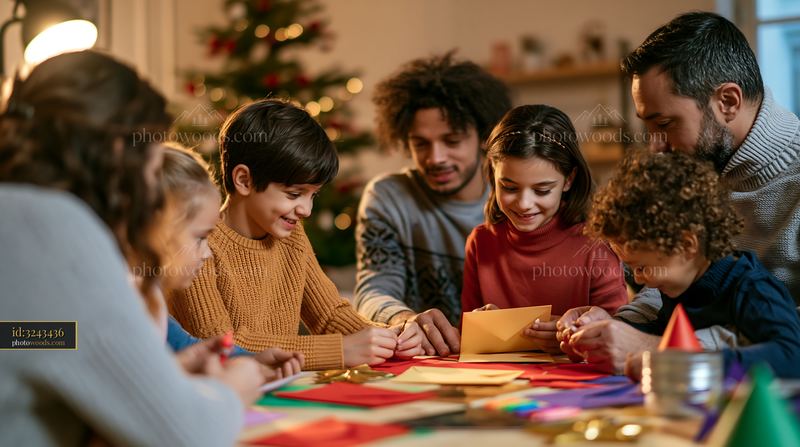 Family gathered around table with craft materials during the holidays