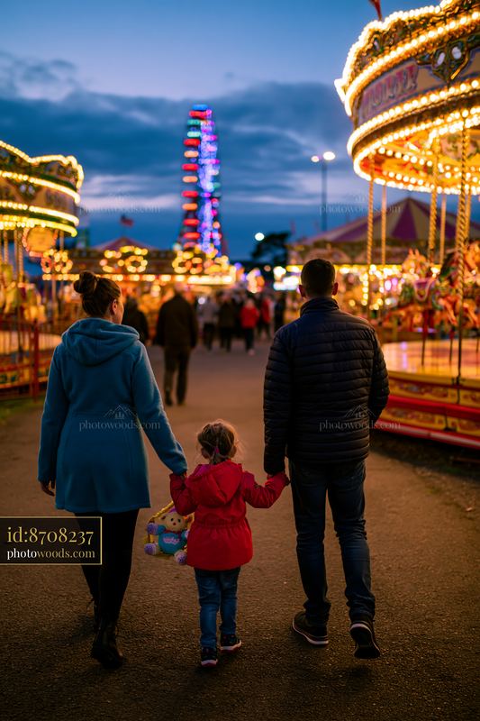 Family enjoys a fairground carousel at a funfair in the evening