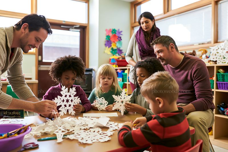Family crafting snowflakes in a bright classroom setting